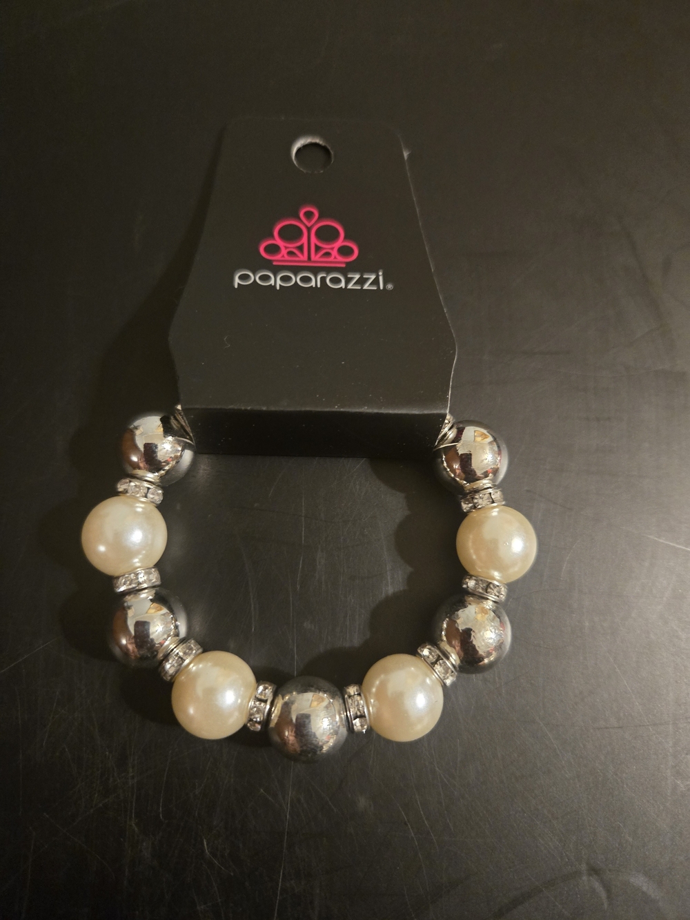 paparazzi Cream Pearl and Silver Bead Stretch Bracelet